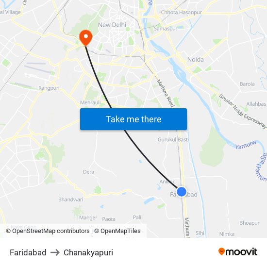 Faridabad to Chanakyapuri map