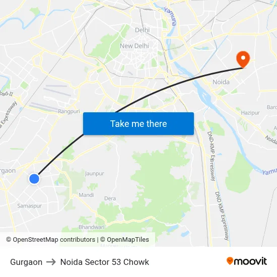 Gurgaon to Noida Sector 53 Chowk map