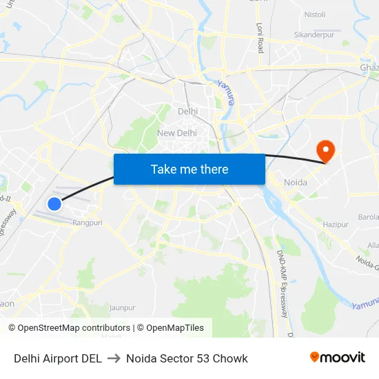 Delhi Airport DEL to Noida Sector 53 Chowk map
