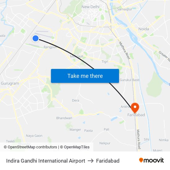 Indira Gandhi International Airport to Faridabad map