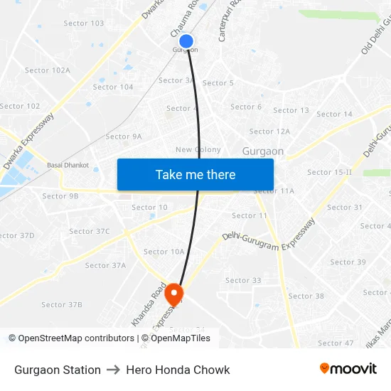 गुड़गांव स्टेशन to हीरो होंडा चौक map
