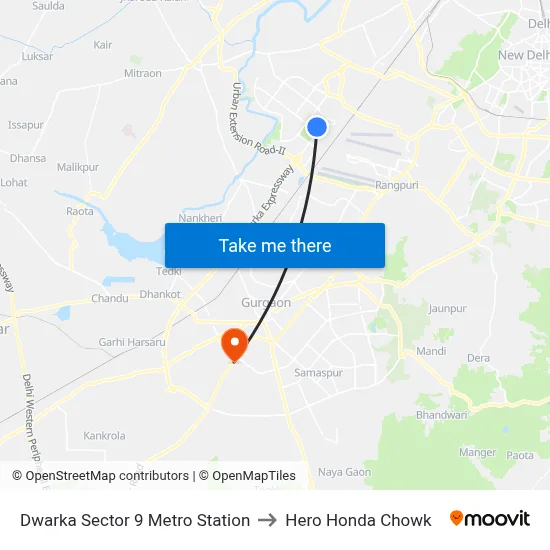 Dwarka Sector 9 Metro Station to Hero Honda Chowk map