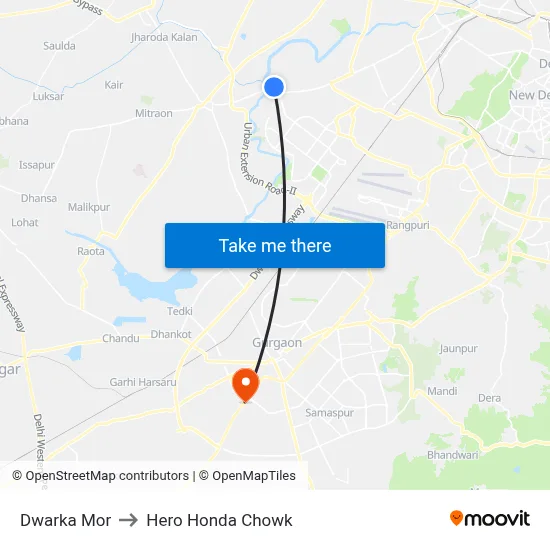 Dwarka Mor to Hero Honda Chowk map