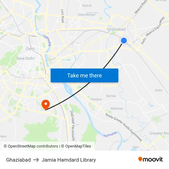 Ghaziabad to Jamia Hamdard Library map