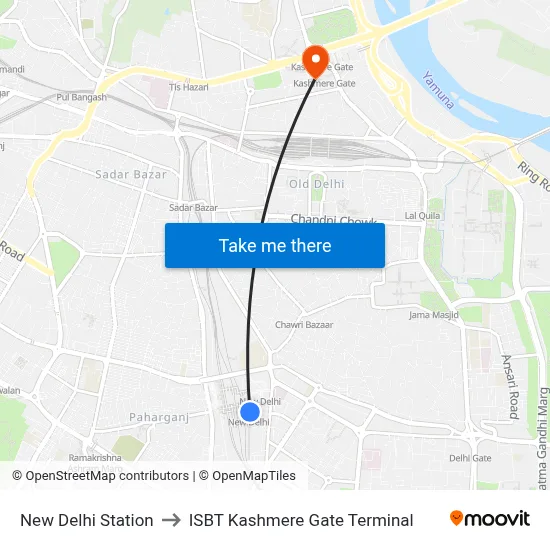 New Delhi Station to ISBT Kashmere Gate Terminal map