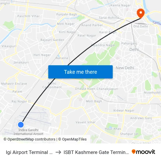 Igi Airport Terminal -3 to ISBT Kashmere Gate Terminal map