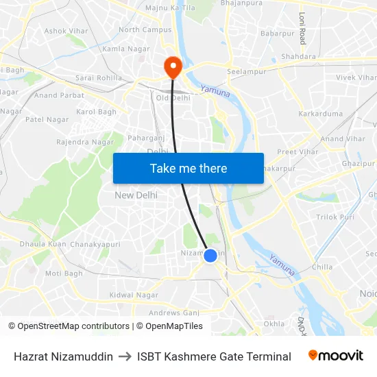 Hazrat Nizamuddin to ISBT Kashmere Gate Terminal map