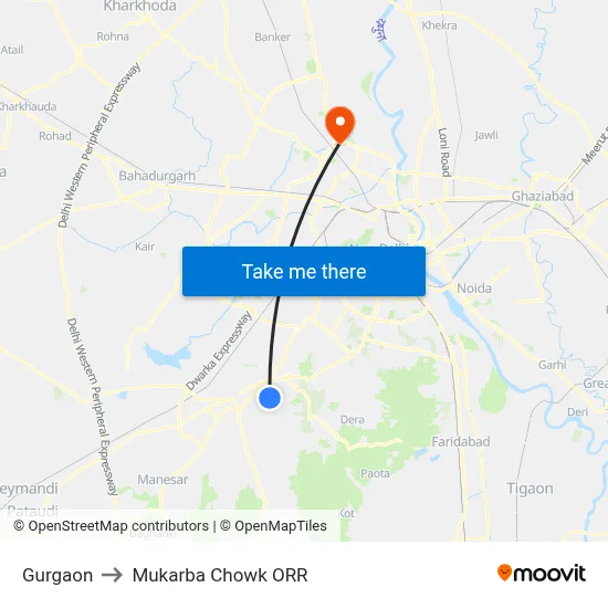 Gurgaon to Mukarba Chowk ORR map