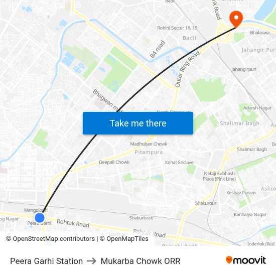 Peera Garhi Station to Mukarba Chowk ORR map