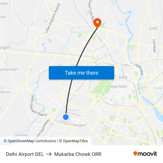 Delhi Airport DEL to Mukarba Chowk ORR map