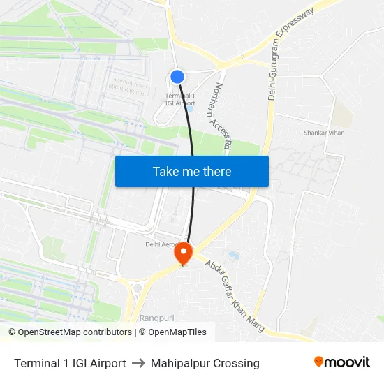 Terminal 1 IGI Airport to Mahipalpur Crossing map