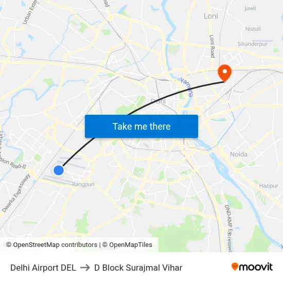 Delhi Airport DEL to D Block Surajmal Vihar map