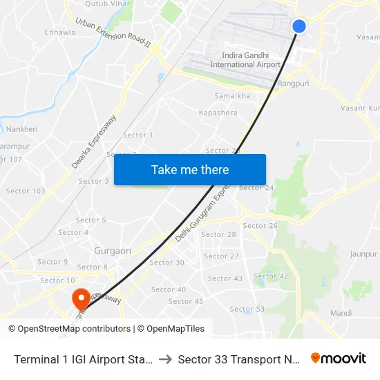 Terminal 1 IGI Airport Station to Sector 33 Transport Nagar map