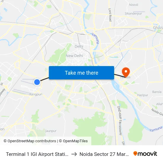 Terminal 1 IGI Airport Station to Noida Sector 27 Market map