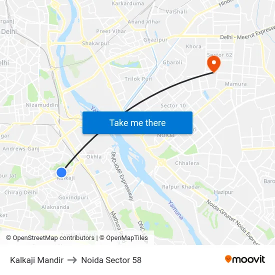 Kalkaji Mandir to Noida Sector 58 map