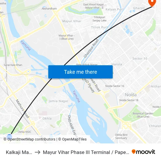 Kalkaji Mandir to Mayur Vihar Phase III Terminal / Paper Market map