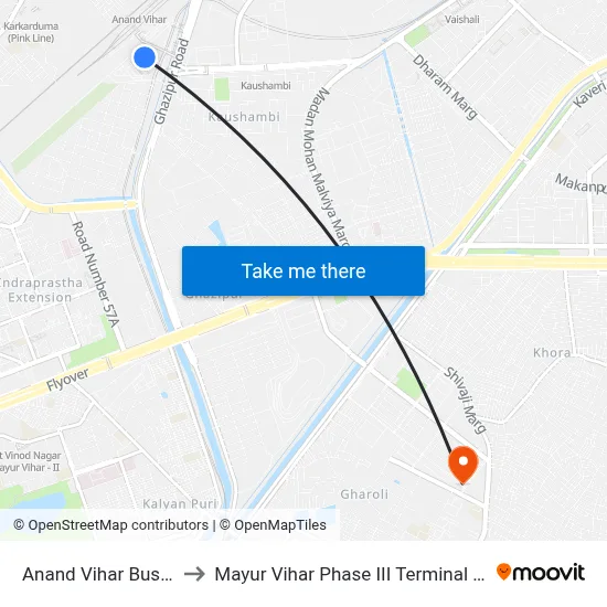 Anand Vihar Bus Terminal to Mayur Vihar Phase III Terminal / Paper Market map