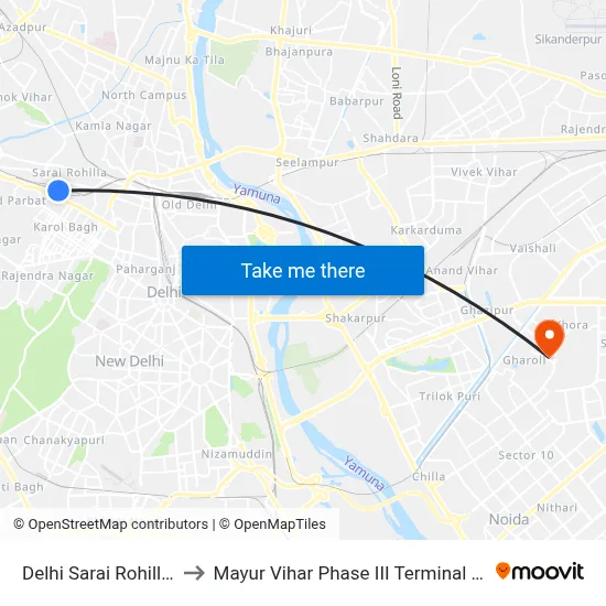 Delhi Sarai Rohilla Station to Mayur Vihar Phase III Terminal / Paper Market map