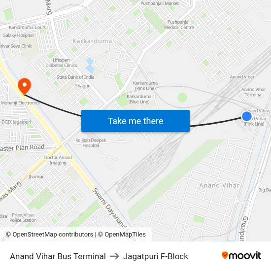 Anand Vihar Bus Terminal to Jagatpuri F-Block map