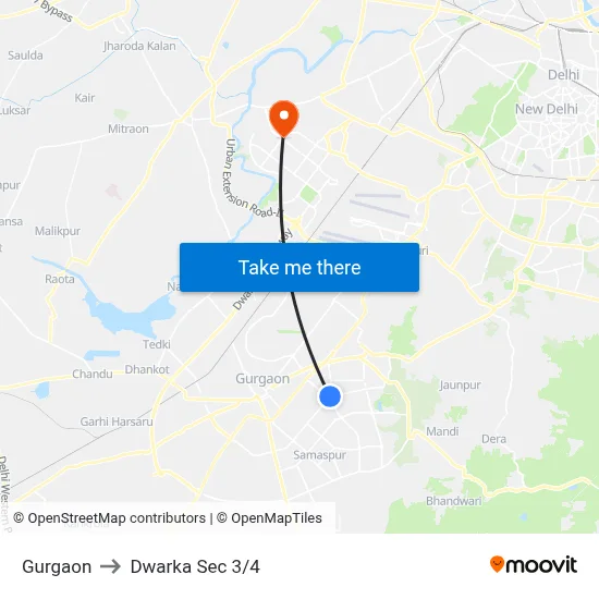 Gurgaon to Dwarka Sec 3/4 map