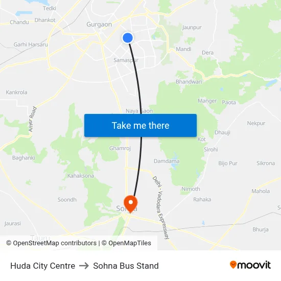 हुड़ा सिटी सेंटर to सोहना बस स्टैंड map