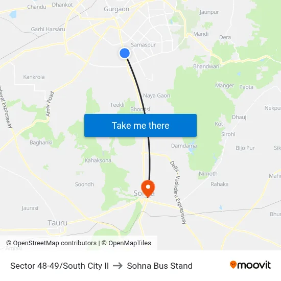 Sector 48-49/South City II to सोहना बस स्टैंड map