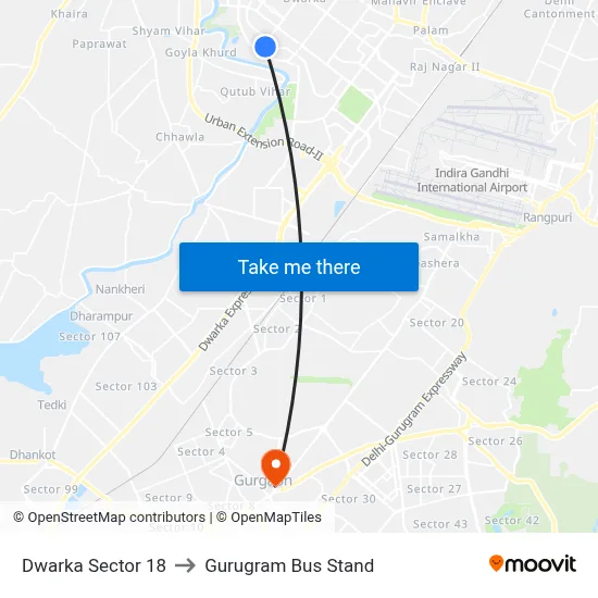 Dwarka Sector 18 to Gurugram Bus Stand map