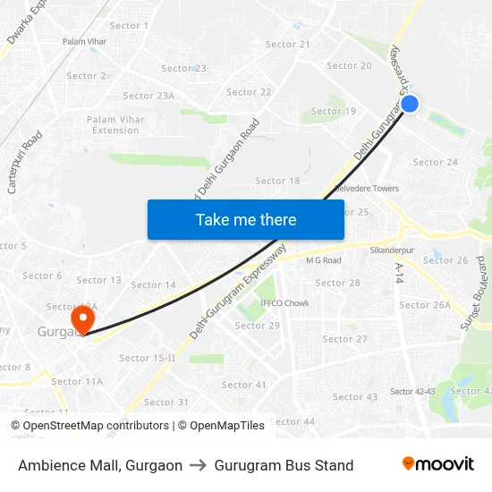 Ambience Mall, Gurgaon to Gurugram Bus Stand map