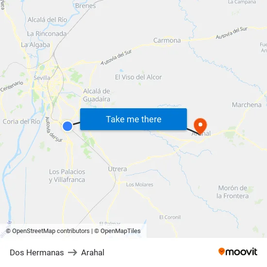 Dos Hermanas to Arahal map