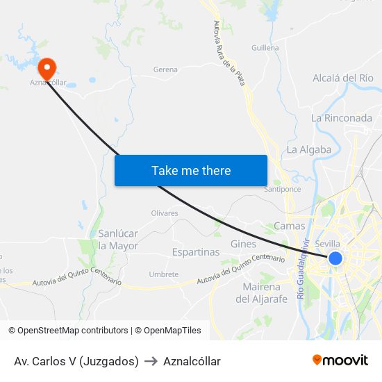 Av. Carlos V (Juzgados) to Aznalcóllar map