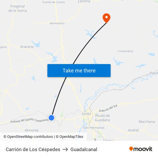 Carrión de Los Céspedes to Guadalcanal map