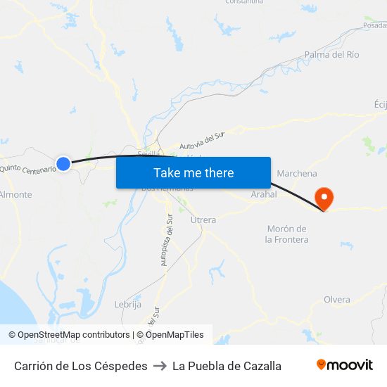 Carrión de Los Céspedes to La Puebla de Cazalla map