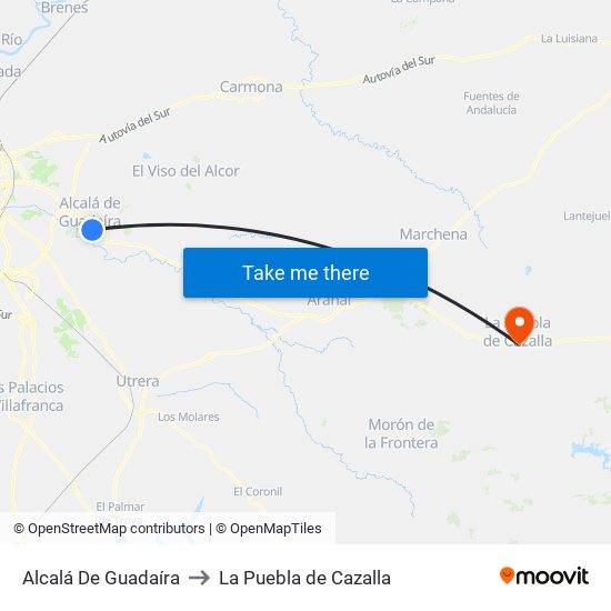 Alcalá De Guadaíra to La Puebla de Cazalla map