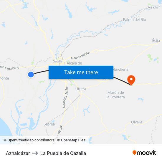 Aznalcázar to La Puebla de Cazalla map