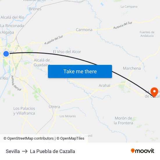 Sevilla to La Puebla de Cazalla map