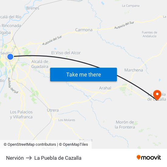 Nervión to La Puebla de Cazalla map