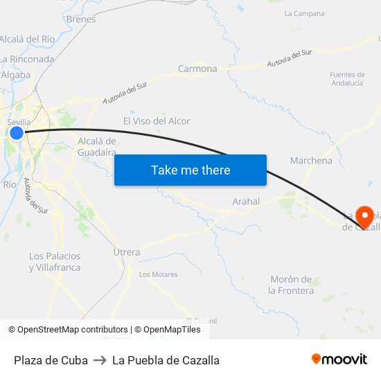 Plaza de Cuba to La Puebla de Cazalla map