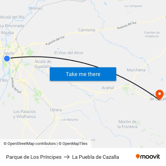 Parque de Los Príncipes to La Puebla de Cazalla map