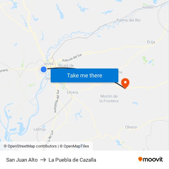 San Juan Alto to La Puebla de Cazalla map