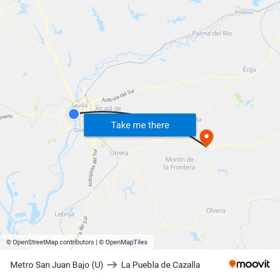 Metro San Juan Bajo (U) to La Puebla de Cazalla map