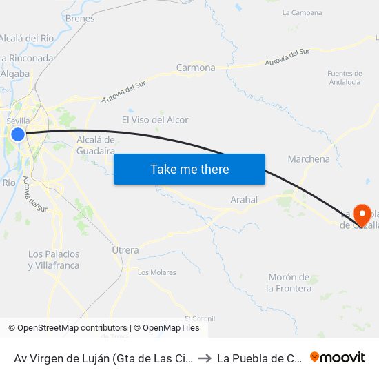 Av Virgen de Luján (Gta de Las Cigarreras) to La Puebla de Cazalla map