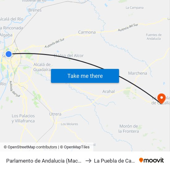 Parlamento de Andalucía (Macarena) to La Puebla de Cazalla map