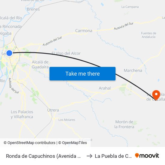 Ronda de Capuchinos (Avenida Miraflores) to La Puebla de Cazalla map