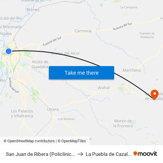 San Juan de Ribera (Policlínico) to La Puebla de Cazalla map