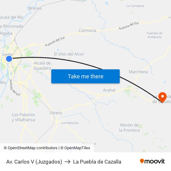 Av. Carlos V (Juzgados) to La Puebla de Cazalla map