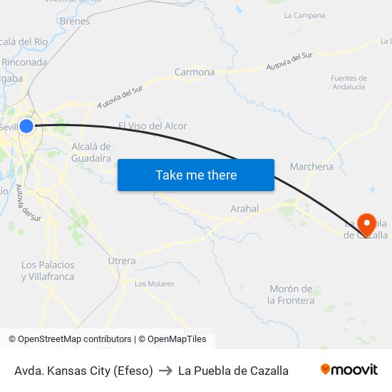 Avda. Kansas City (Efeso) to La Puebla de Cazalla map