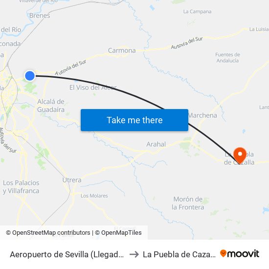 Aeropuerto de Sevilla (Llegadas) to La Puebla de Cazalla map