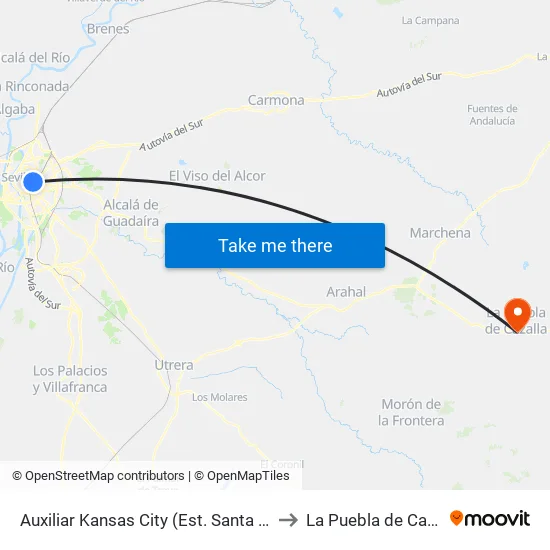 Auxiliar Kansas City (Est. Santa Justa) to La Puebla de Cazalla map