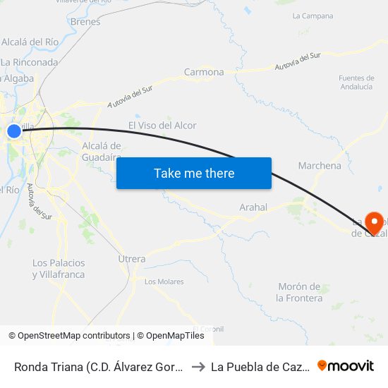 Ronda Triana (C.D. Álvarez Gordón) to La Puebla de Cazalla map