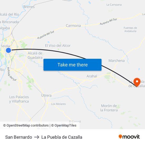 San Bernardo to La Puebla de Cazalla map